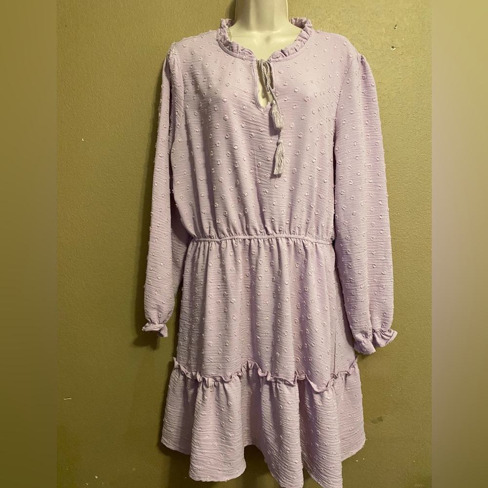 Sabrina Lauren Lavender Dot Swiss Ruffle Tiered Long-Sleeve Dress Size Large